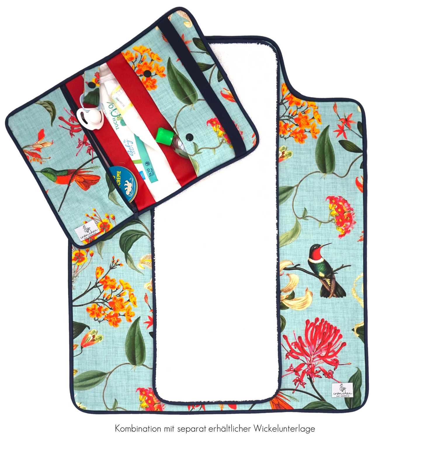 Wickeltasche türkise Blumen rot & dunkelblau